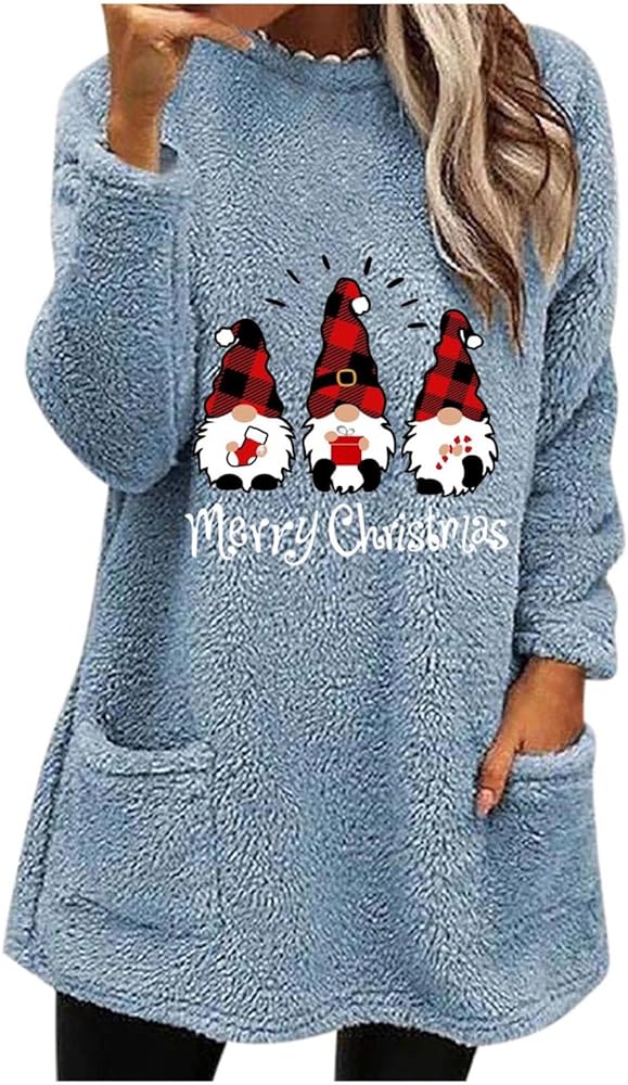 Stessotudo Christmas Tops for Women 2023 Long Sleeve Fleece Lined Sweatshirts Cute Gnomes Print Winter Funny Holiday Shirts