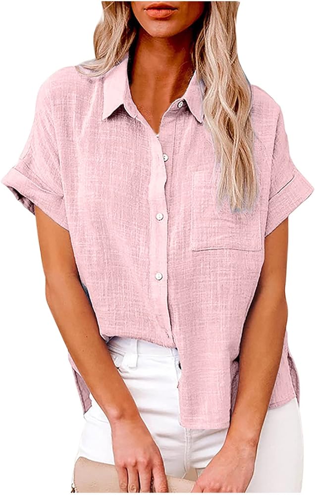 DASAYO Linen Shirts for Women Trendy Short Sleeve Collared Button Down Solid Ladies Tops and Blouses Summer Clothes 2024