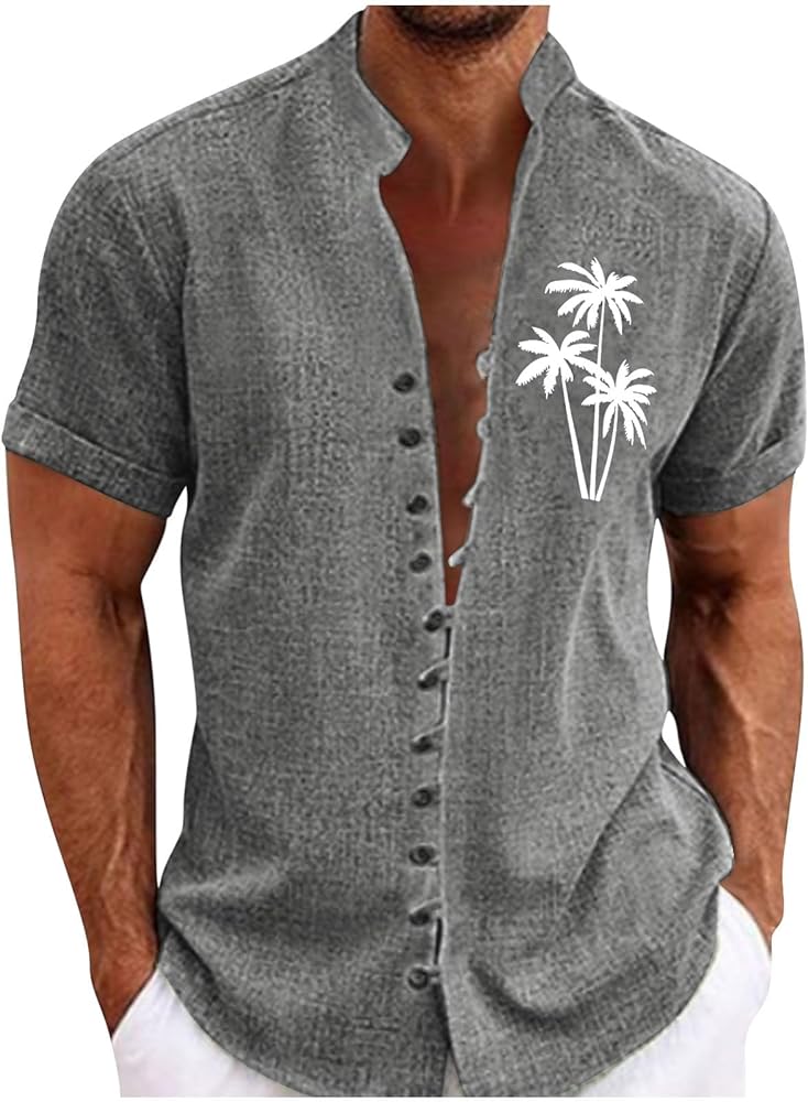 Mens Hawaiian Shirts Short Sleeve Summer Lightweight Linen Button up Tshirts Casual Fashion Beach Vacation Shirt