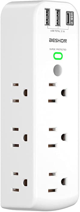 Outlet Extender Surge Protector, BESHON 9AC Multi Outlet Wall Plug with 3 USB Charging Ports (1 USB-C Port) 3-Sided Multi Plug Outlet Power Strip for Home, Office
