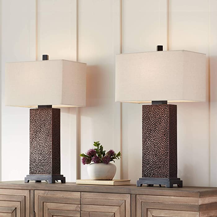 Caldwell Modern Farmhouse Style Table Lamps 26" High Set of 2 Speckled Brown Column Rectangular Fabric Shade Decor for Living Room Bedroom House Bedside Nightstand Home Office - 360 Lighting