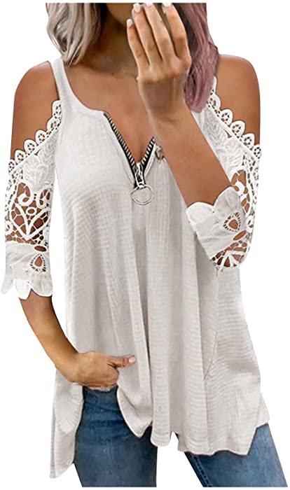 Women Cold Shoulder Casual Plus Size Spaghetti Strappy Tunic Tops Lace Short Sleeve Zip Up V Neck T Shirt Swing Blouse