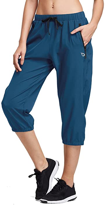 BALEAF Women's Lightweight Capri Jogger Hiking Shorts Running Capri Pants Quick Dry UPF 50+ Zipper Pockets