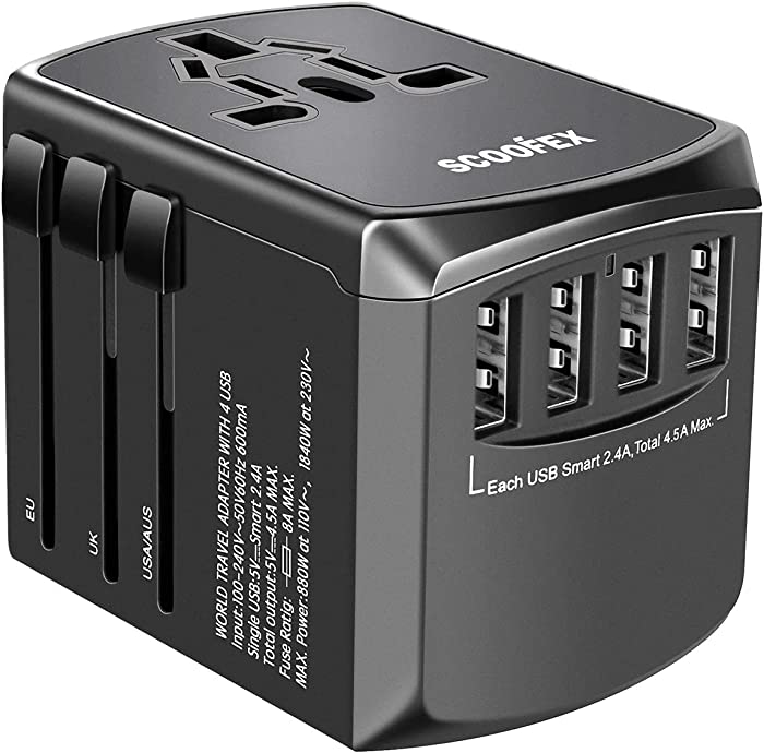 Universal Travel Adapter, International Power Adapter Electric Outlet Converters Wall Charger AC Plug with 4 x 2.4A USB Ports, 4.5A USB for USA EU UK AUS