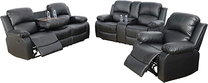 AYCP Bonded Leather Recliner Sofa Set 3 PCS Motion Sofa Loveseat Recliner Sofa Recliner Couch Manual Reclining Chair for Living Room (3 Piece Set) (Black)