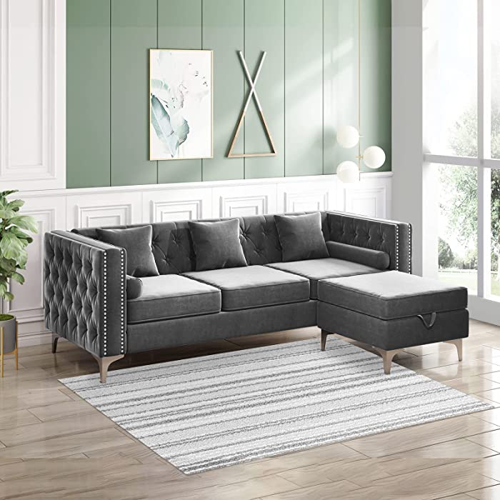 Mjkone Sectional Sofa with Chaise Lounge, Couches for Living Room, L-Shaped Couch with Storage Ottoman, Sectional Couch for Small Living Room, Apartment and Small Space, Velvet Grey