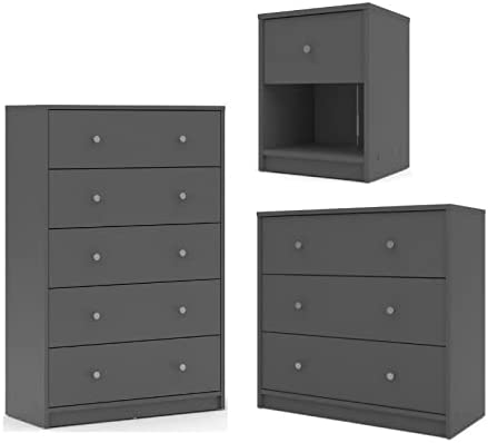 Home Square 3 Piece Furniture Set with Chest Dresser and 1 Nightstand in Gray