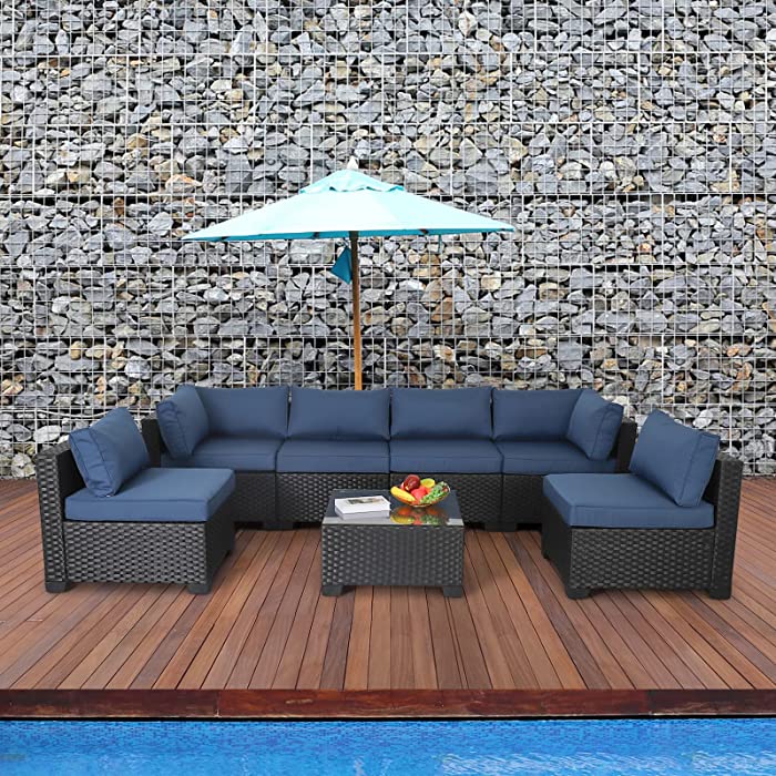 7 Piece Outdoor PE Wicker Furniture Set, Patio Black Rattan Sectional Sofa Couch with Washable Navy Blue Cushions