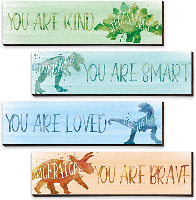 4 Pieces Dinosaur Wall Art Decors Favors Motivational Quote Room Decor Watercolor Dinosaur Wooden Hanging Wall Prints Plaques for Boys Kids Bedroom Playroom Dinosaur Room Decorations