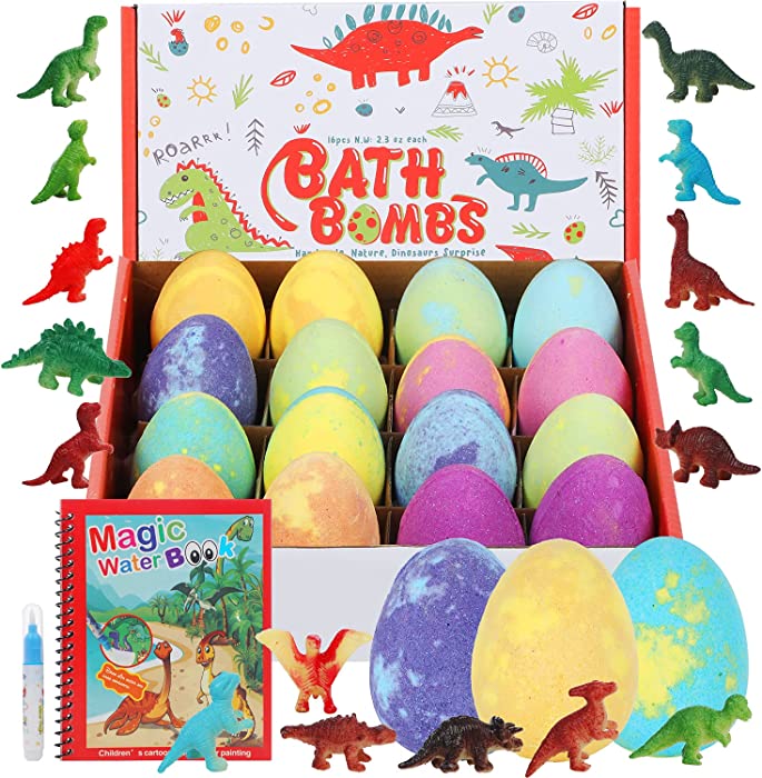 HOTLAKE Bath Bombs for Kids with Surprise Toys Inside-16 Pack Organic Dinosaur Kid Bath Bombs Gift Set,Birthday Christmas or Easter Gift for Girls and Boys
