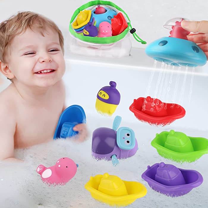 iPlay, iLearn Baby Bath Toys Set, Toddler Bathtub Shower Toys, Fun Bath Tub Time, Stacking Boats Wind up Water Toy, Birthday Gifts for 6 9 12 18 Month 1 2 3 Year Old Infants Girls Boys Kids