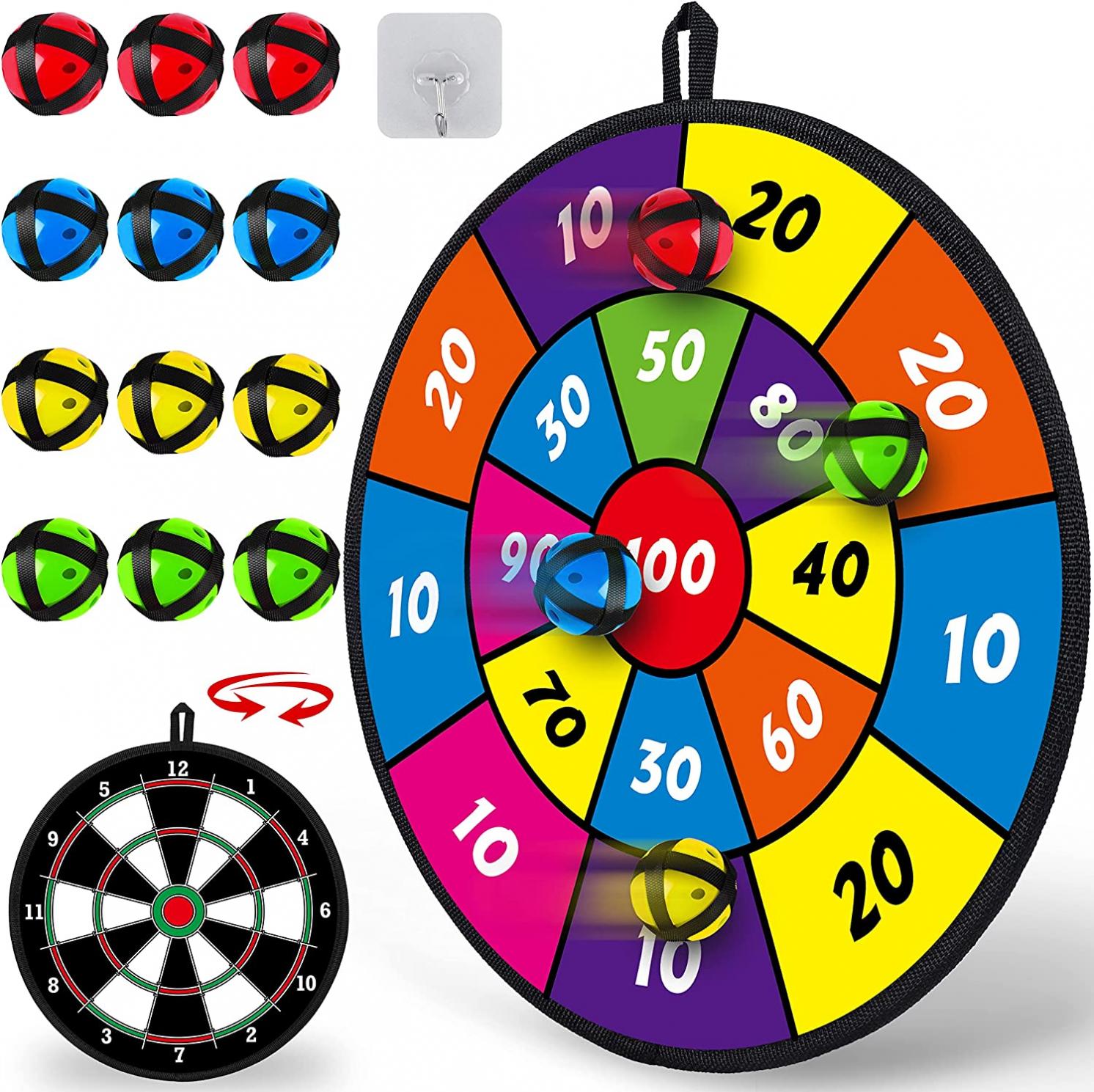 MINIFUN Toy Sports Double Sided Dart Board for Kids, Kids Dart Board with 12 Sticky Balls, Indoor Outdoor Party Play Game Toys, Gifts for 5 6 7 8 9 10 11 12 Year Old Boys Girls