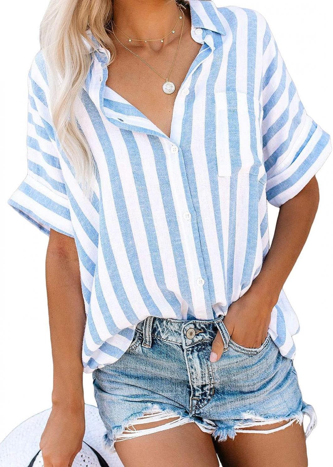 HOTAPEI Womens Summer Blouses Casual V Neck Stripe Short Sleeve Button Down Shirts Tops