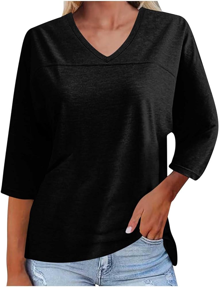 Womens Summer Solid Casual 3/4 Sleeve Shirt T-Shirts Loose Round Neck Cute Tunic Tops Basic Tees Blouses