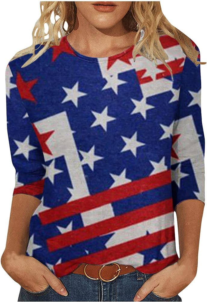 Ceboyel Women 3/4 Sleeve American Flag T Shirt Stars Stripes Patriotic Shirts Bling 4Th of July Tee Top Dressy Ladies Blouse