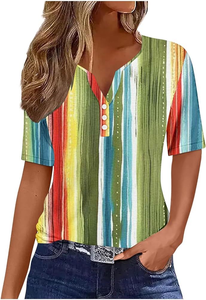 Women Striped Printed Short Sleeved Shirt T-Shirts Summer Casual V-Neck Button Up Tops Tunics Henely Shirts