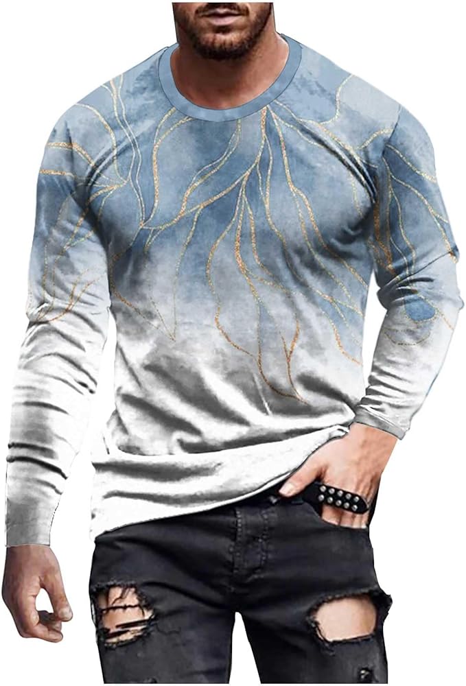 DOLKFU Men's Long Sleeve Casual Tshirts Gradient Graphic Print Shirts Crewneck Fashion Comfy Tee Shirts