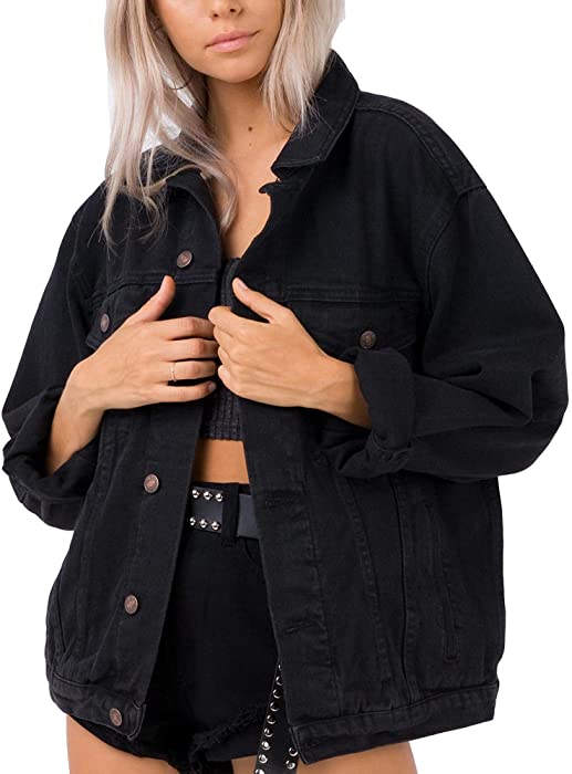 Oversized Denim Jacket for Women Long Sleeve Classic Loose Jean Trucker Jacket