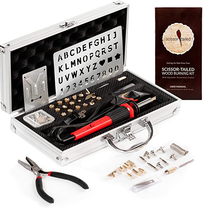 Premium Wood Burning Kit 43PCS | 36Tips, Adjustable Temperature Pen With Safety Stand, Metal Stencil&Pliers. Free Deluxe Case& How To. Complete Gift For An Effortlessly Mastering The Art Of Pyrography