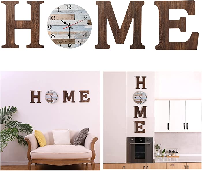 Rustic Home Sign with Wall Clock - Wood Letters for Wall Decor - Wooden Wall Clock Silent Non-Ticking - Home Decor for Living Room, Bedroom, Farmhouse, Housewarming Gift (Rustic)