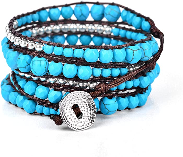 Spirit Wrist River Wrap Beaded Bracelets – Boho Bracelets for Women & Men – Turquoise Howlite + Silver Zinc Bead Bracelet – Handmade in Bali Women’s & Mens Bracelet – Great Gift for Women & Men