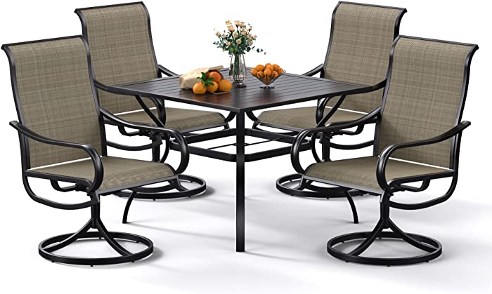 Bigroof Patio Dining Set 5 Pieces, Outdoor Metal Furniture Set for 4, 37" Black Square Umbrella Table & 4 Swivel Garden Chairs for Poolside, Backyard, Balcony, Garden, Deck(Grey)
