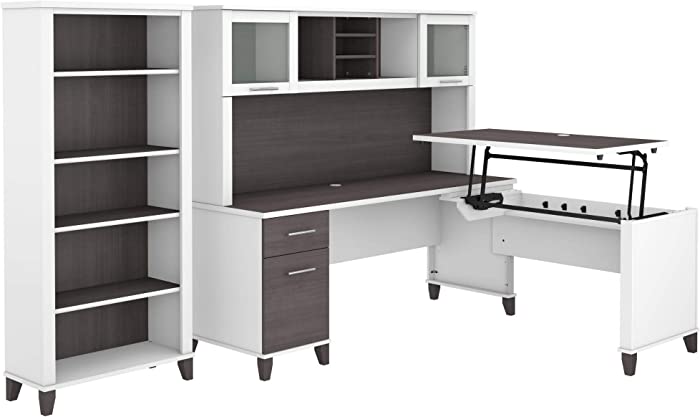 Bush Furniture Somerset 72W 3 Position Sit to Stand L Shaped Desk with Hutch and Bookcase in White and Storm Gray