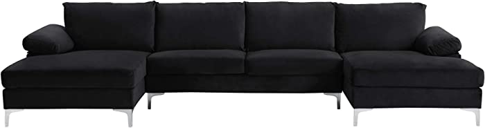 Casa AndreaMilano Modern Large Velvet Fabric U-Shape Sectional Sofa, Double Extra Wide Chaise Lounge Couch, Carbon Black
