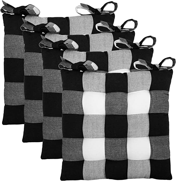 COTTON CRAFT Chair Cushion Pads - Set of 4 - Buffalo Gingham Check - Dining Kitchen Office Chair Seat Cushion with Ties - Durable Cotton Fabric - Thick Comfy Poly Fill - Indoor Use - 17x17 in – Black