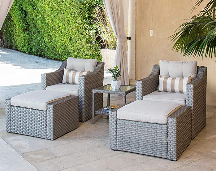 SOLAURA 5 Piece Patio Conversation Set Outdoor Furniture Set, Grey Wicker Lounge Chair with Ottoman Footrest, W/Coffee Table & Cushions (Beige) for Garden, Patio, Balcony, Deck