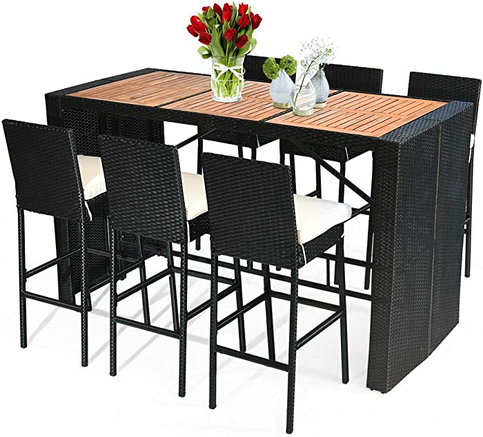 Tangkula 7 PCS Outdoor Dining Set, Patio Wicker Furniture Set with Acacia Wood Bar Table Top and Removable Cushion, Conversation Set for Patios, Backyards, Porches, Gardens and Poolside (Black)