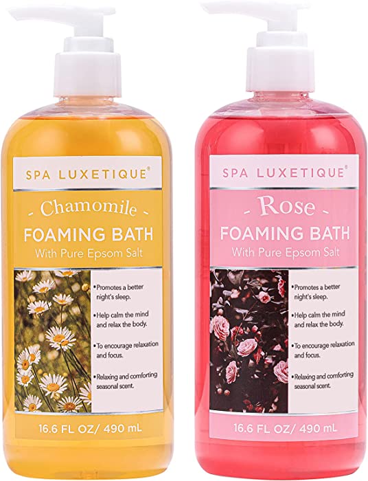 Bubble Bath, Spa Luxetique Foaming Bath for Women with Pure Epsom Salt, Bath Sets Rose and Chamomile Scent, Mother's Day Gift, Moisturizing and Relaxing Spa Gifts for Women, 33.2 Oz (2 Pack)