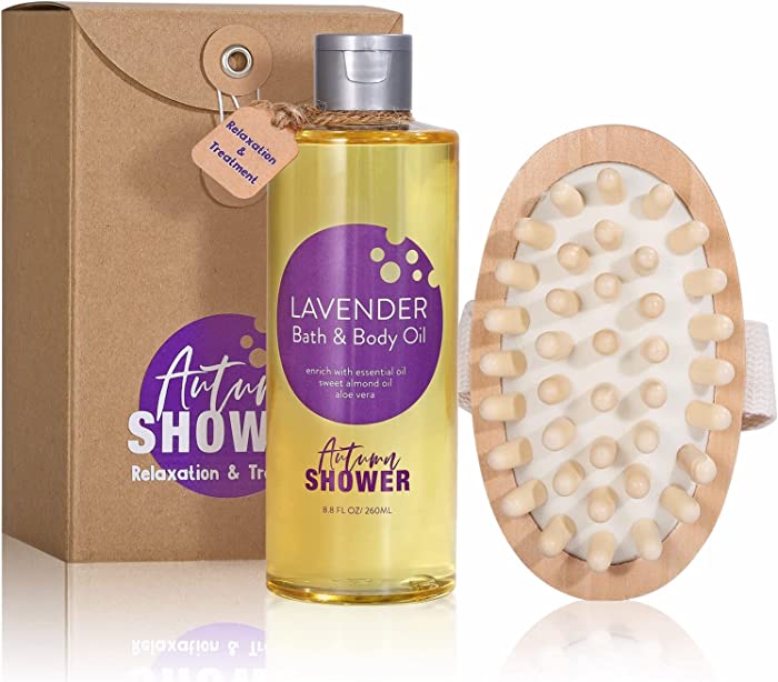 Gift Set for Women - Lavender Shower Oil with Body Massager Bundle with 3 Pack Foaming Milk Bubble Bath