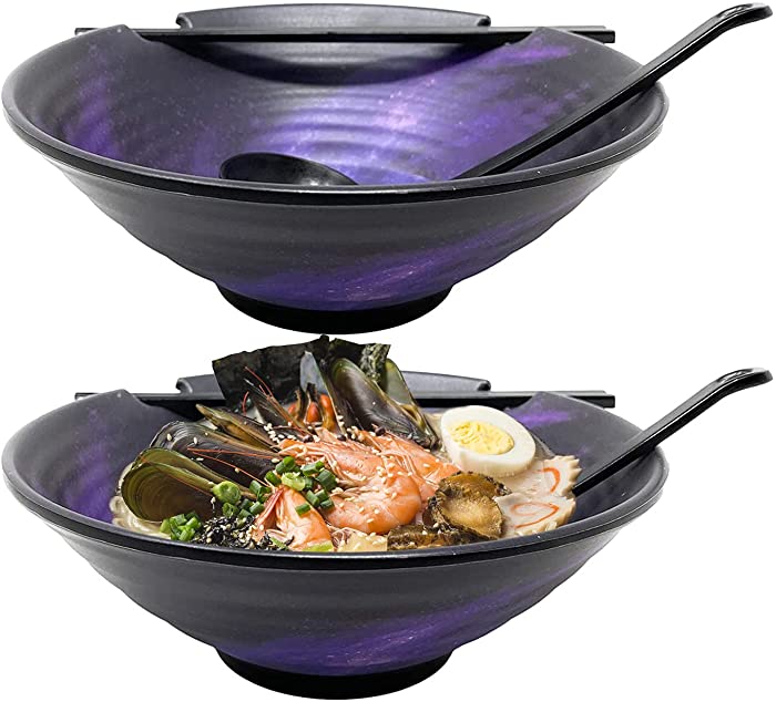 2 x Ramen Bowl Set (Melamine), 6pcs Japanese Style Soup Bowls Set with Chopsticks, Ladle Spoons Set and Large 37 oz Bowl for Ramen, Noodles (Galaxy)