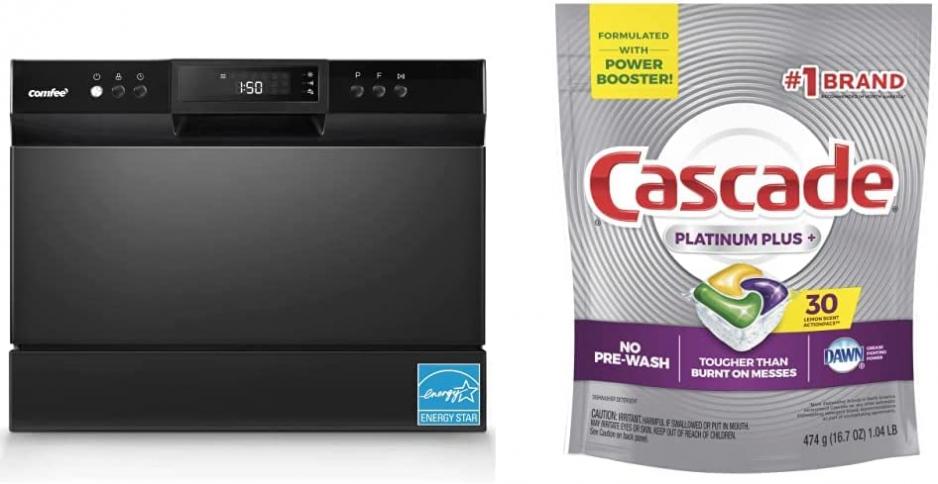 COMFEE’ Countertop Dishwasher, Energy Star Portable Dishwasher, 6 Place Settings, Mini Dishwasher with 8 Washing Programs, Black & Cascade Platinum Dishwasher Pods, 30 Count