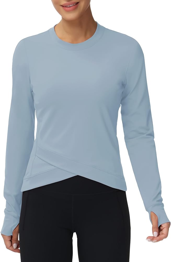 Women's Long Sleeve Compression Shirts Workout Tops Cross Hem Athletic Running Yoga T-Shirts with Thumb Hole