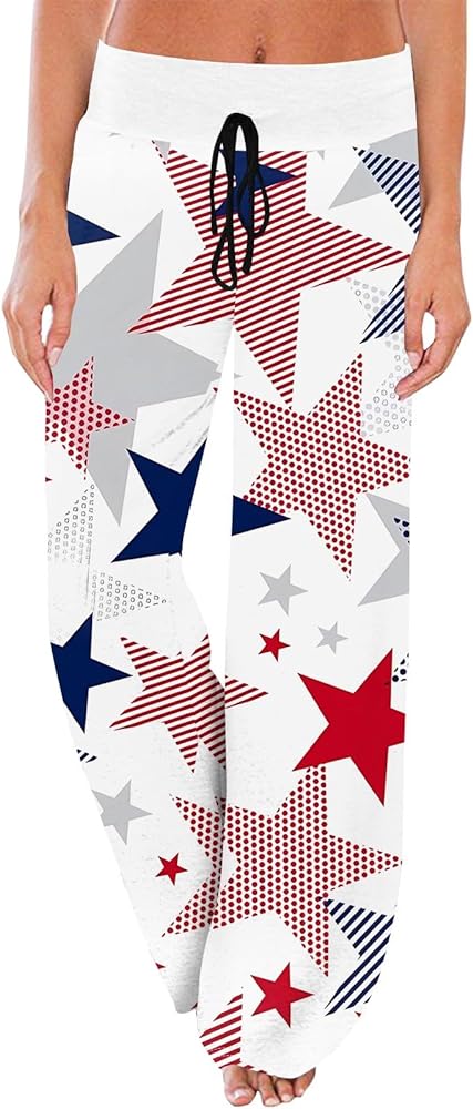 ADHOWBEW 4th of July Outfits Stars Stripes Print Flowy Soft Bottoms Slacks Casual Holiday Cotton Pajama Trousers