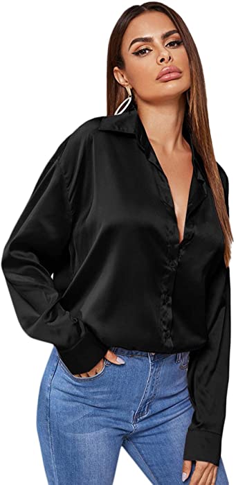 MakeMeChic Women's Satin Silk Long Sleeve Blouse Button Down Shirt Casual Top