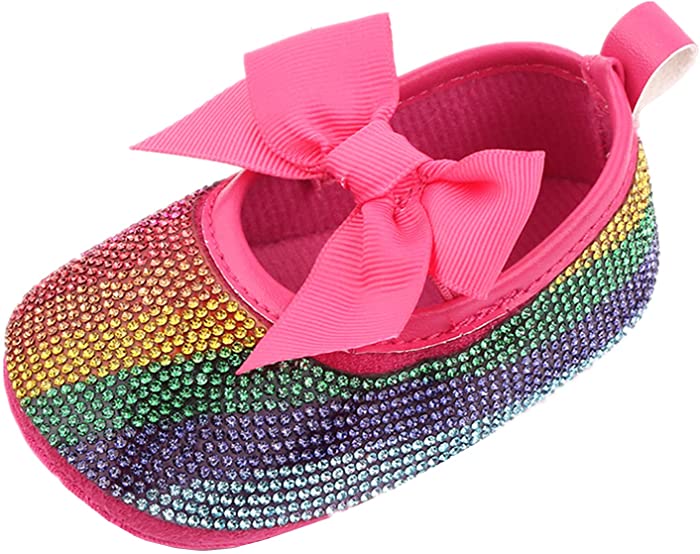 Baby Girls Mary Jane Flats Sparkly Bow Diamonds Princess Dress Shoes Anti-Slip Infant Crib Shoes