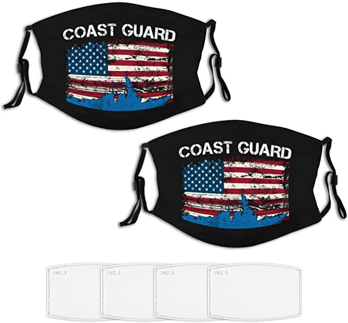 2 Piece Face Mask Set Plus 4 Replaceable Air Filters Us Coast Guard USCG American Flag Washable Reusable Adjustable Black Cloth Bandanas Scarf Neck Gaiters for Adults Men Women Kids