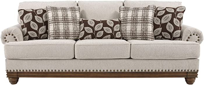 Signature Design by Ashley Harleson Modern Farmhouse Sofa with Nailhead Trim and 5 Accent Pillows, Beige