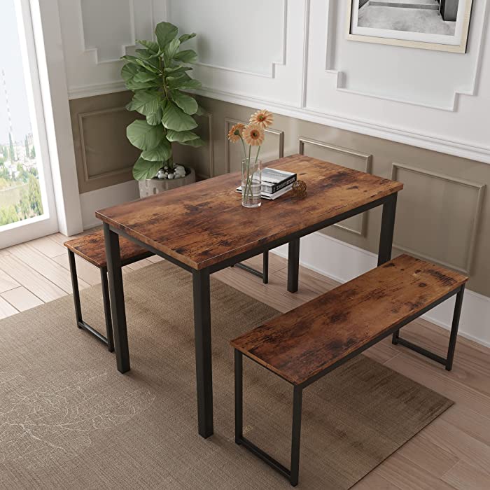 AWQM Dining Room Table Set, Kitchen Table Set with 2 Benches, Ideal for Home, Kitchen and Dining Room, Breakfast Table of 47.2x28.7x28.7 inches, Benches of 40.5x11.0x17.7 inches, Rustic Brown