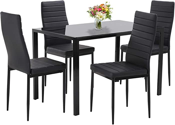 Dining Table Set Dining Room Table Set 5-Piece Kitchen Dining Table Set with 4 Faux Leather Metal Frame Chairs Rectangular Modern for Small Spaces w/Glass Tabletop Kitchen Table and Chairs