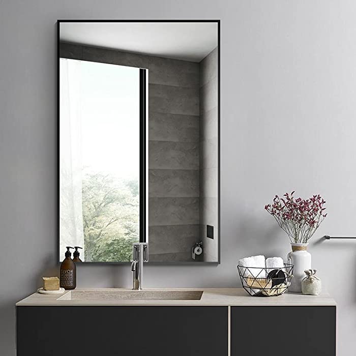 Koonmi 36"x24" Wall Mirror Black Rectangular Wall-Mounted Mirror for Bathroom with Aluminum Alloy Frame Bathroom Mirror Hangs Horizontal or Vertical Ideal for Bedroom Living Room