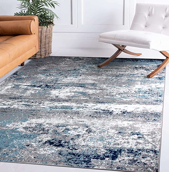 Rugshop Distressed Abstract Watercolor Area Rug 5' x 7' Blue