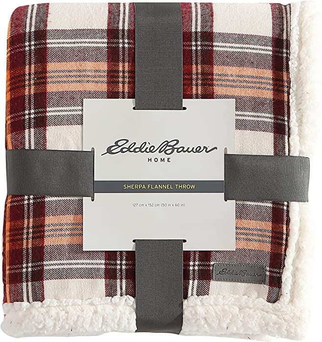 Eddie Bauer - Plush Sherpa Fleece Throw - Soft & Cozy Reversible Blanket, Ideal for Travel, Camping, & Home, Edgewood Red