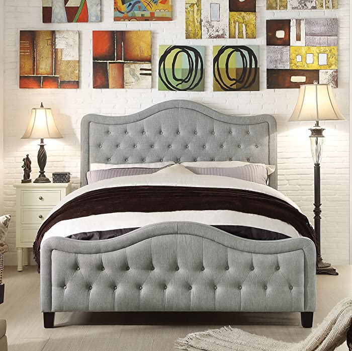 Rosevera Turin Upholstered Linen Tufted Button High-Profile Footboard with Adjuatable Headboard Bed, King, Grey