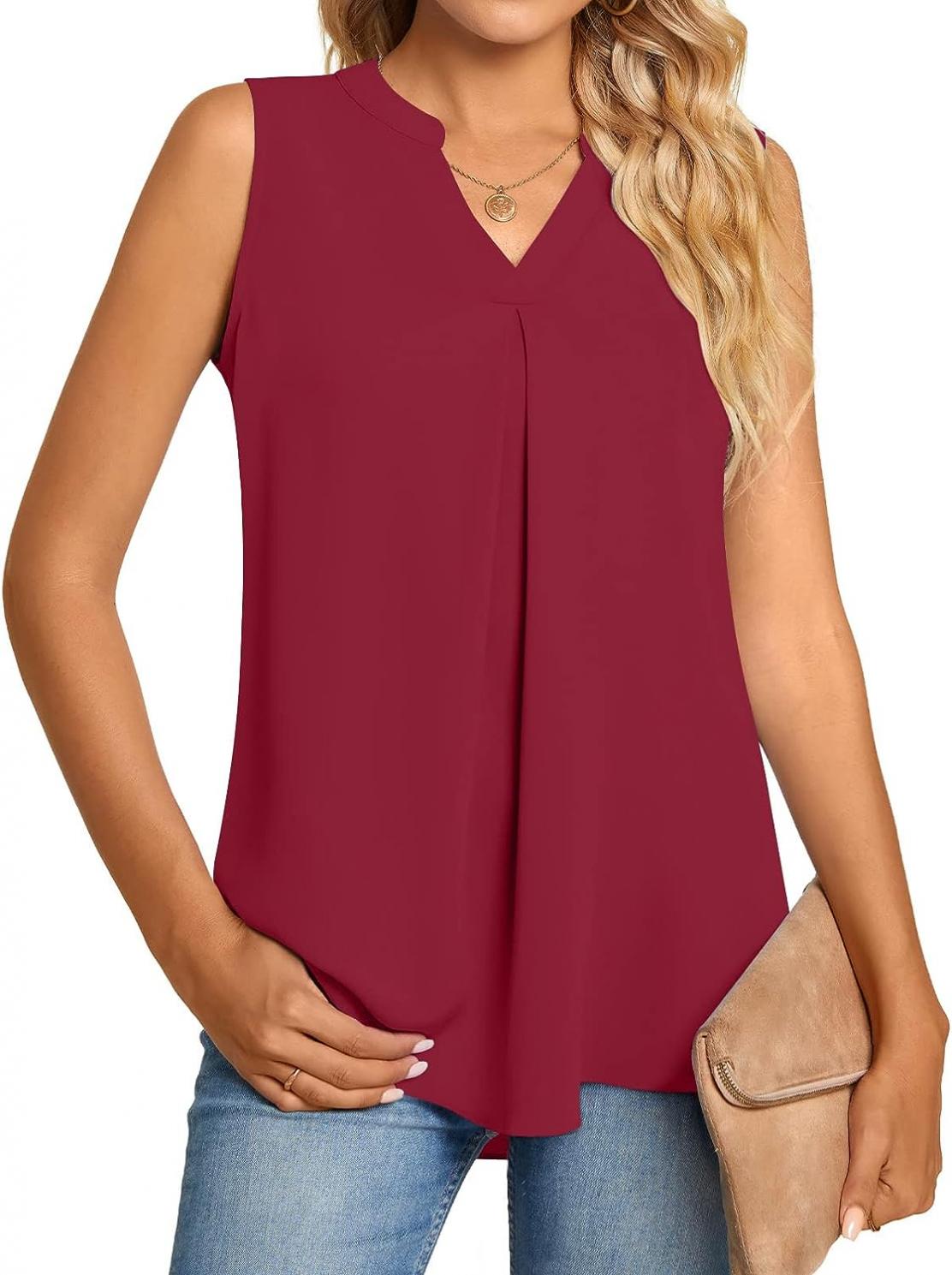 Anyhold Women's Summer Dressy Chiffon Notch V Neck Sleeveless Blouse Tops Loose Fit Casual Tank Tops Office Cute Work Shirts