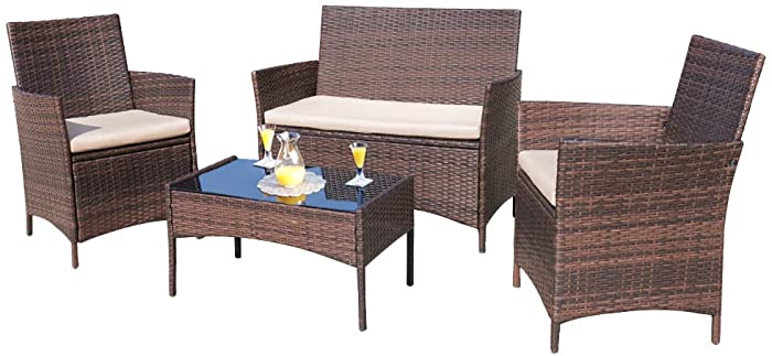 Homall 4 Pieces Outdoor Patio Furniture Sets Rattan Chair Wicker Set, Outdoor Indoor Use Backyard Porch Garden Poolside Balcony Furniture Sets Clearance (Brown and Beige)