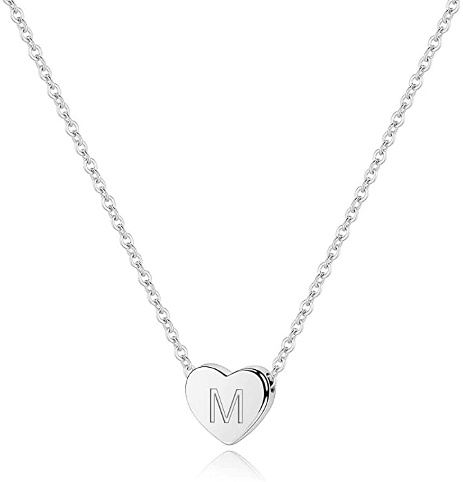 S925 Sterling Silver Heart Initial Necklace - White Gold 14K Gold Plated Silver Heart Initial Necklace for Women Girls Kids, Dainty Letter Tiny Alphabet Initial Necklace for Women Teens Girls Child